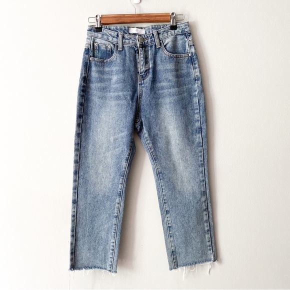 OAK + FORT Denim - Oak & Fort Straight Leg Light Wash Crop High Rise Distressed Jeans